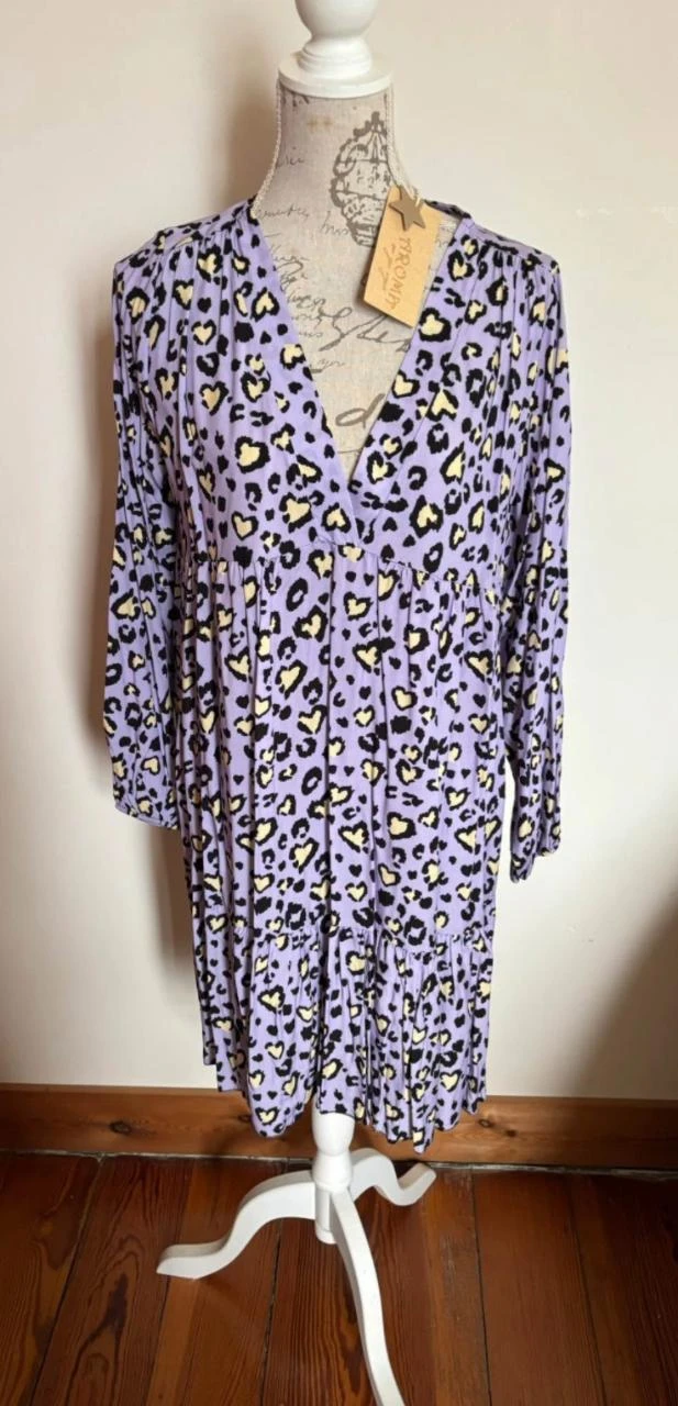 💜 Lilac & Yellow Hearts V-Neck Half-Length Dress - Size U – photo 4